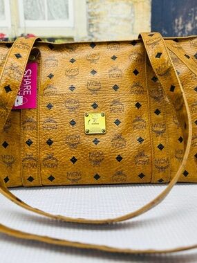 MCM Cognac Visetos Monogram Shoulder Bag with Gold Plaque